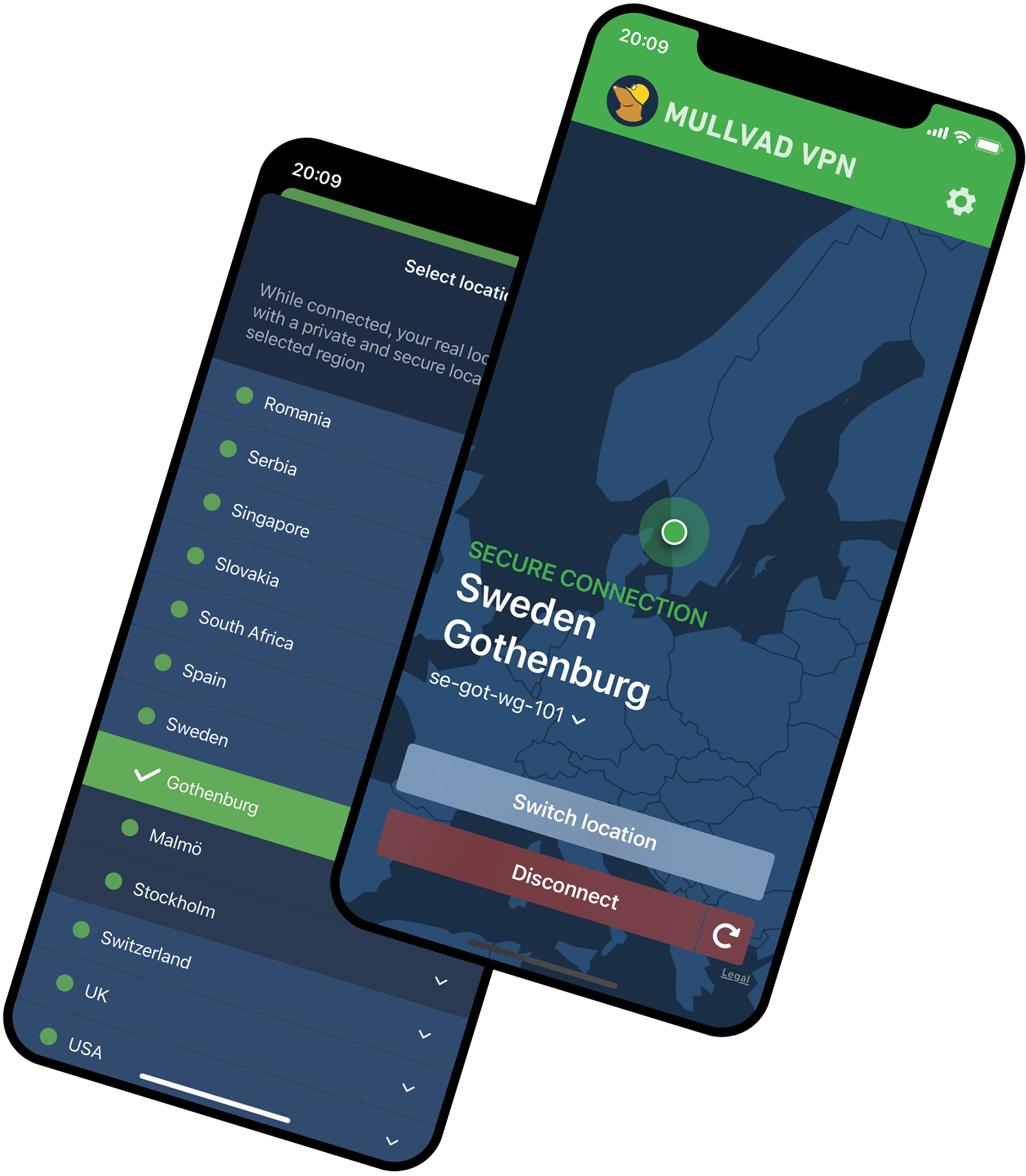 Two mobile phones using Mullvad VPN