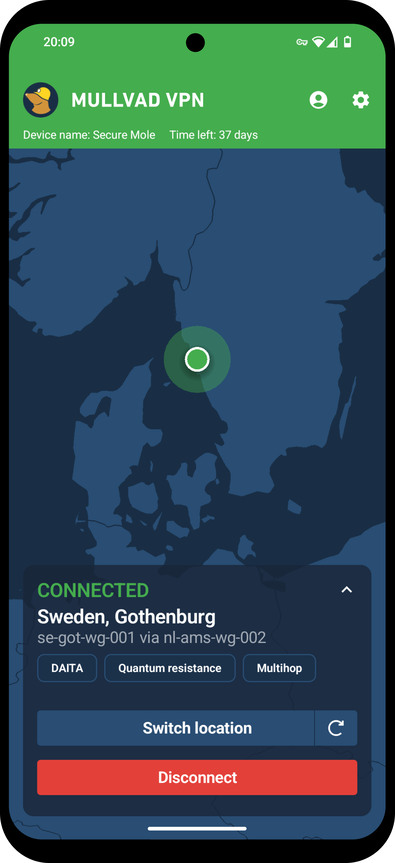 Der Screenshot zeigt die Benutzeroberfläche der Mullvad-VPN-App im verbundenen Modus