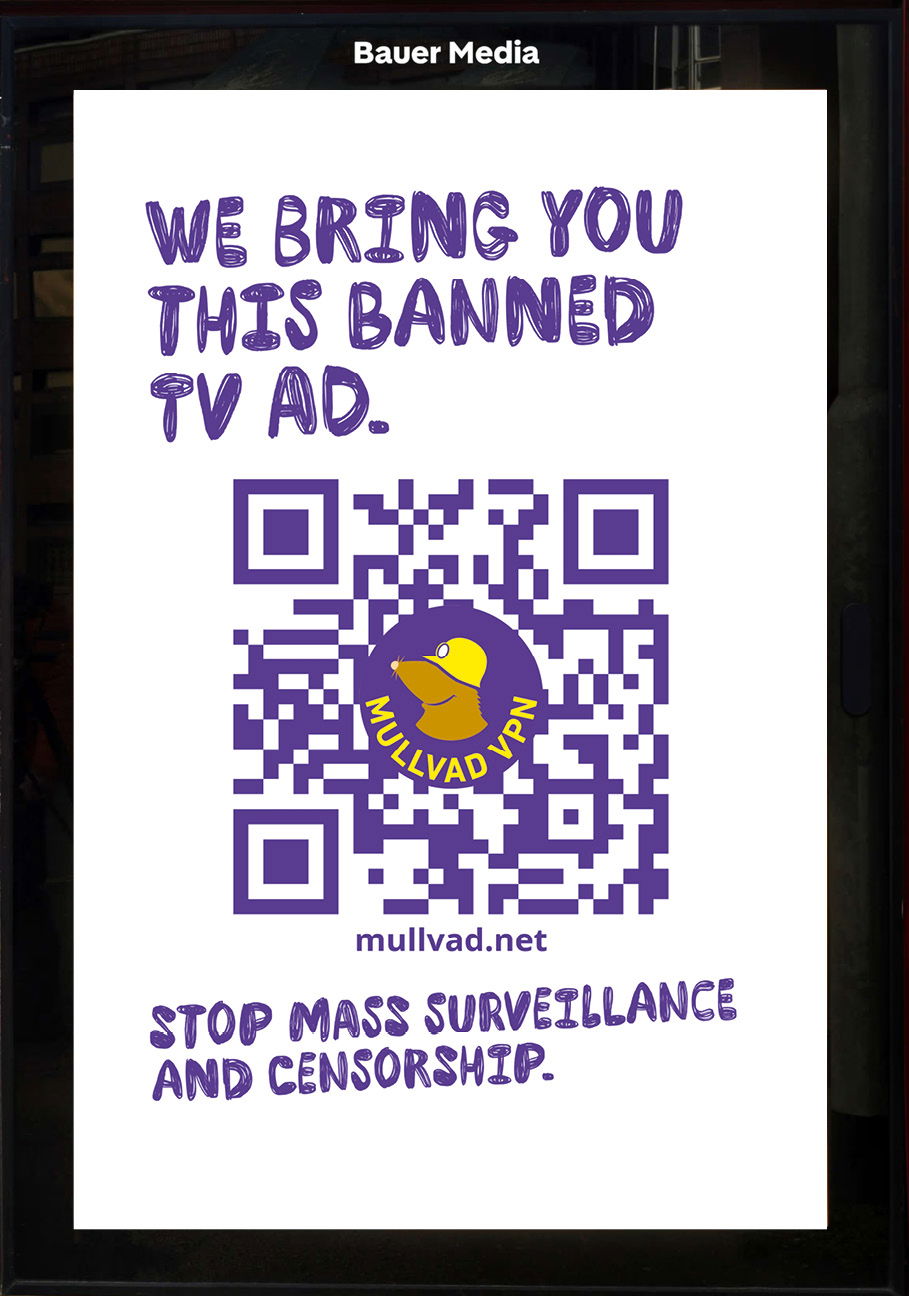 Poster reads: "Looking to be a star on CCTV?" Footnote: "They might pick you up if you stop to scan this banned TV ad. You little anti-mass-surveillance activist."