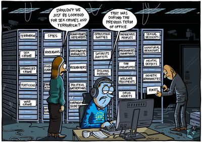 Political cartoon showing three people in a surveillance room surrounded by file cabinets labeled with various monitored groups including terrorism, sex crime, hooligans, researchers, opposition parties, and many others. One person asks 'Shouldn't we just be looking for sex crimes and terrorism?' while another responds 'That was during the previous term.'