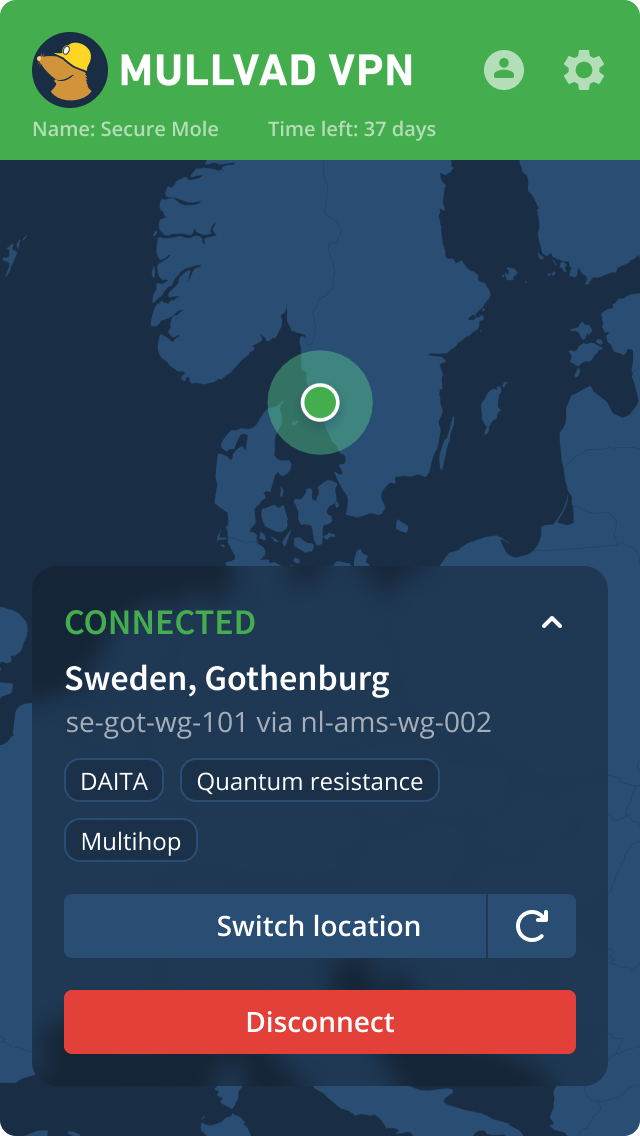 Screenshot showing the Mullvad VPN app's user interface in connected mode